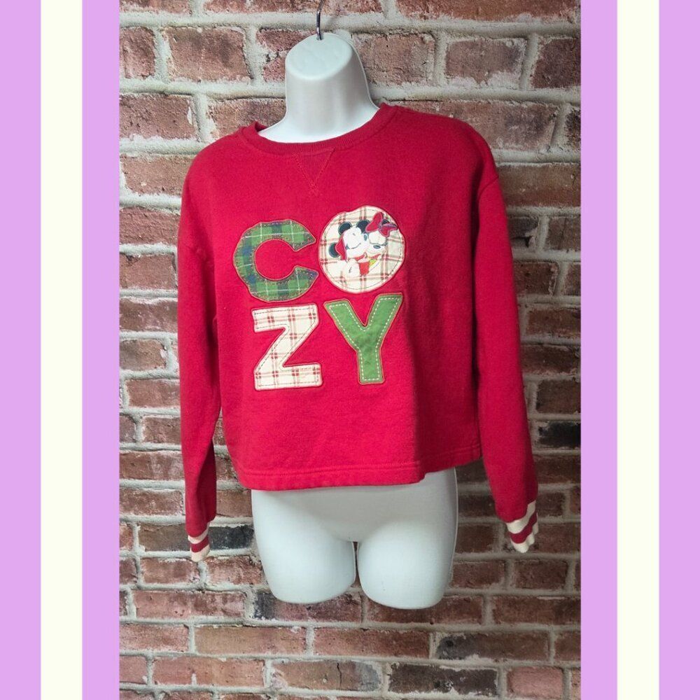Disney Cropped Sweatshirt M | Minnie Mickey Hot Cocoa Red Cozy Coquette